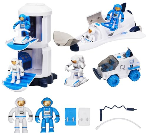 Spaceship Toy Set for Boys Girls, Space Shuttle Toys with Lights & Sound, including 2 Astronauts Figure, 1 Rotating Space Station, 1 Space Rover, Astro Venture Space Playset 10 Pcs (Blue) (Blue)