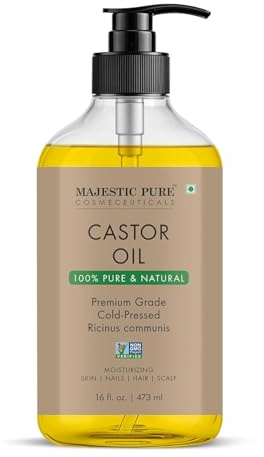 Majestic Pure Castor Oil in Glass Bottle| 100% Natural | Premium Grade Cold Pressed | Hair, Eyelashes, Eyebrows, Nails | Moisturizing & Nourishing | Body, Hair & Carrier Oil | 473 ml
