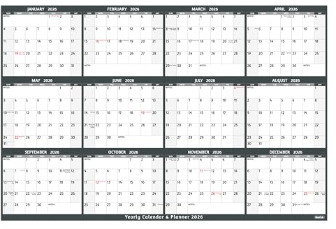 2026 Yearly Wall Calendar - Large Yearly Calendar 2026, Jan 2026 - Dec 2026, 38.2 x 25.2 (Open), Large Wall Calendar 2026, Full Year Paper Calendar with Notes, Thicker Paper, Stickers, Grey