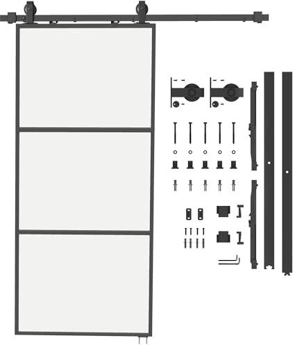 HOMCOM Puerta Corredera con Herrajes 91,4x203,2 cm Puerta Corredera de Cristal con Mecanismo Cierre Suave para Baño Salón Sala de Estar Cocina Negro