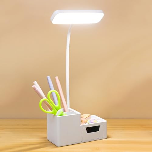 Nzkeuf Flexo LED Escritorio Táctil para Niños, Lampara Escritorio LED con Portalápices y Pequeño Cajón, Carga USB, 3 Modos de Luz y 3 Niveles de Brillo Regulable, Cisne 360° para Estudiar y Leer