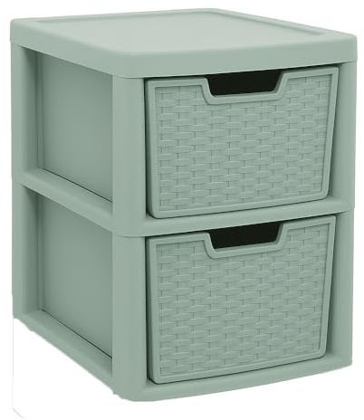 KYY'Z Large Drawer Storage Unit Tower Rattan Effect Large Organizer Chest Tower Unit Cabinet Trolley Home Bedroom Kitchen Office School Garage 39 (D) x 39 (W) x 62 (H) cm (Sage Green, 2 Tier)