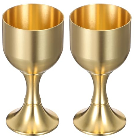 DOITOOL 2 Pcs Brass Wine Goblets - 7.7cm Small Communion Cups Set - Solid Brass Holy Chalice Goblet for Altar Religious Ceremony - Metal Wine Cup for Wedding Toasting and Medieval Party Decor