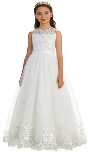 ABaoWedding Girls White Flower Girl Dress, Elegant Lace Tulle Ball Gown for Pageant, First Communion (Size 6, White)
