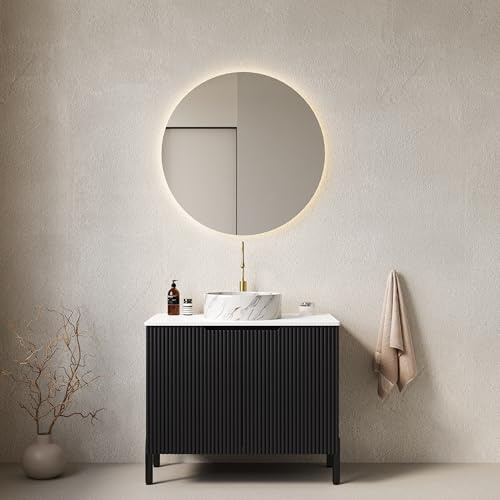 VIVCA Tocador de baño independiente de 76 cm con lavabo de cerámica redonda blanca con patrón de piedra, encimera de piedra blanca sinterizada Carrara, armario a rayas con puertas dobles, color negro