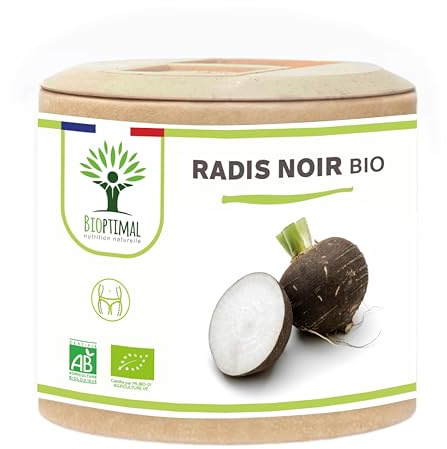 Radis Noir Bio - Bioptimal - Complément Alimentaire - Dépuratif Naturel Détox Foie Digestion - 100% Pur - Élimine les toxines - 300 mg/Gélule - Fabriqué en France - Certifié Ecocert - 60 gélules
