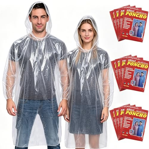Disposable Rain Ponchos for Adults 12 Packs,Evance Clear Plastic Poncho Waterproof,One Size Fits 150-190cm,Portable Disposable Raincoat With Hood & Sleeves,Emergency Ponchos for Concerts,Travel,Hiking