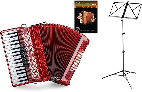 Acordeón Clásico Cantabile 72 Bajos Secondo V Set (Acordeón de 72 bajos con funda y correas incl. atril y escuela de acordeón) Rojo