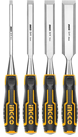 INGCO Cincel para madera 4 cinceles 6/12/19/25MM 1/4,1/2,3/4 y 1 Juego de cinceles para madera de acero al cromo vanadio mangos de madera HKTWC0401