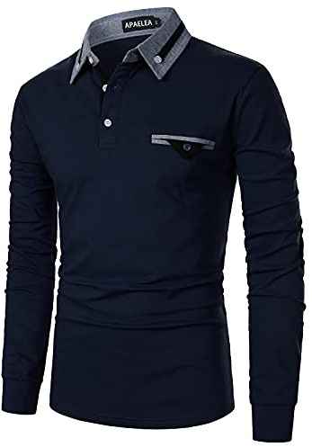 APAELEA Polo de Golf à Manches Longues Homme Coton Contrasté Plaid épissure Lattice Tennis Shirt