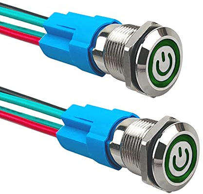Aiqeer 2 stycken 12 mm låsande tryckknapp, 12 V/24 V 3 A automatisk tändning startbrytare, IP66 vattentät tryckbrytare i rostfritt stål, med förkopplat uttag (grön LED)
