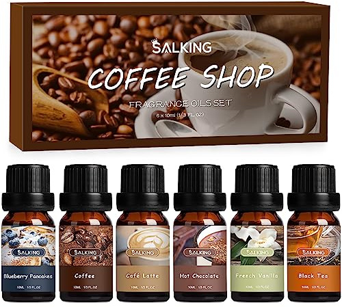 SALKING Coffee Shop Fragrance Oils Set, Premium Essential Oils Set for Diffuser, Scented Oil for Soap & Candle Making - Blueberry Pancakes, Coffee, Café Latte, Hot Chocolate, French Vanilla, Black Tea