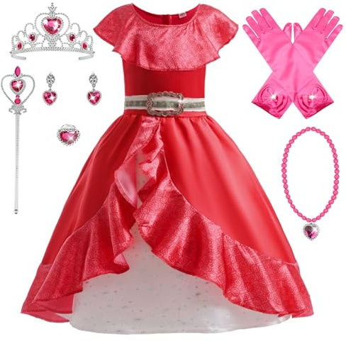 YOSICIL Elena Abito Elena Adventure Dress Classic Elena of Avalor Costume Principessa Elena Ragazze con volant Ragazze Costume Halloween Natale per la festa Rosso,120