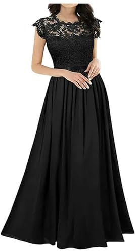 2021 Nuevo Vestido Ajustado de Gasa con Costuras de Encaje, Vestidos Largos para Damas de Honor, Vestidos de Noche para Mujer, Bata de Color sólido para Mujer -Negro-S