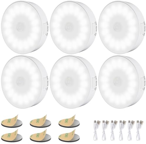 Electight 6 Pack Motion Sensor Light Indoor [Upgraded 14 LEDs], USB Rechargeable Night Light, Long Last Battery & 3 Light Modes, Wireless Magnetic Nightlight for Closet, Stairs, Hallway - Cold White