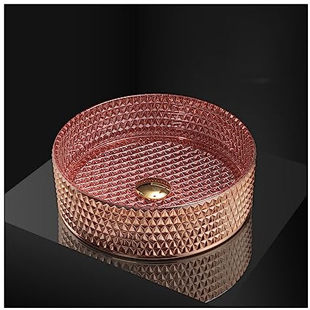 Lavabo de baño rosa, lavabo de vidrio artístico de 14 pulgadas, combo de lavabo redondo sobre encimera