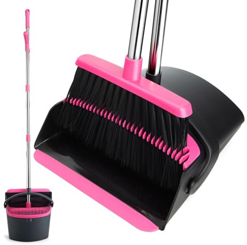 XXFLOWER Besen und Kehrschaufel Set mit langem Stiel,Kehrbesen mit Schaufel,Kehrset mit Ausziehbarem Stiel,Kehrblech Broom and Dustpan Set für Haushaltsreinigung Büro (Schwarz-Rosa)