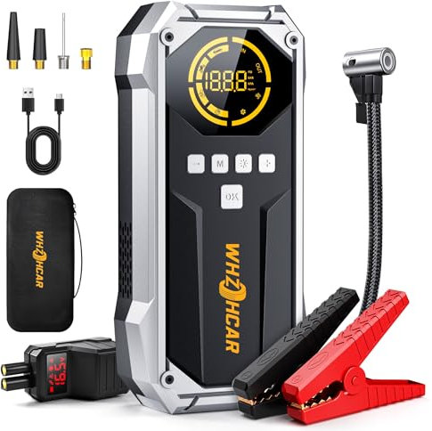 Avviatore Emergenza per Auto 150PSI Compressore 8000A Booster Avviamento Auto 12V Booster Avviamento Moto Con LCD Jump Starter Cavi Di Ponticello Estesi Carica Rapida Torcia a LED Avviatore Booster