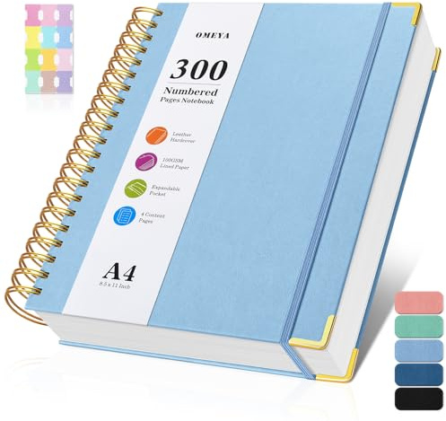 Spiral Notebook 8.5 x 11, 300 Numbered Pages Notebooks College Ruled with Tabs, Hardcover Leather Lined Journal for Women Men, 100GSM Thick Journals for Writing, Large A4 Notebooks for Work School