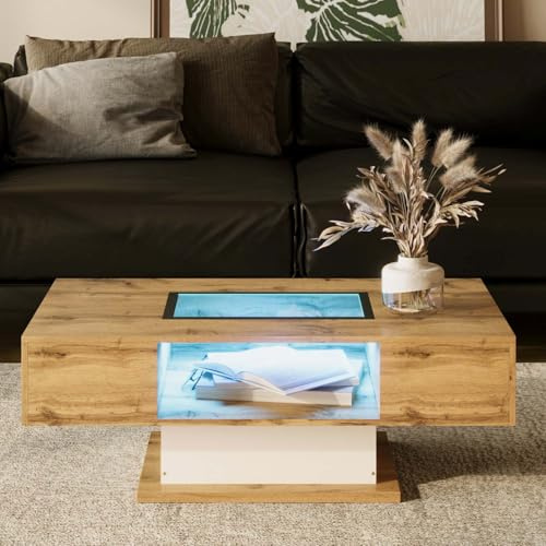 KOMHTOM Table Basse avec LED Table Basse Coffre avec 2 tiroirs et 1 Compartiment de Rangement Ouvert, Table d'appoint avec Plateau en Verre Meubles de Salon Modernes (A)
