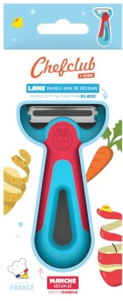 Chefclub Kids - Pelador de verduras para niños - Ayuda al descubrimiento culinario - Utensilios cocina niños - Protector de cuchillas - Cuchillos aprendizaje - Color azul y rojo - A partir de 4 años