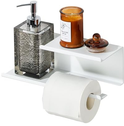 SAYAYO Dérouleur Porte Papier Toilette avec Étagères Spacieuse, Support Porte Papier Toilette Mural avec Tablette sans Perçage en Haute Qualité Aluminium, Montage par Vis/Auto-adhésif, Blanc