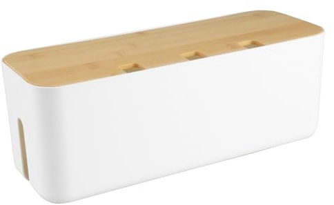 Velicber Cable Management Box, Cable Tidy Box Large, Cable Box with Bamboo Lid, White Cord Organizer box for Hiding Power Strips, Cables & Plugs for Desk, TV, Computer, Home Office, 36.2x13.3x13.3 cm