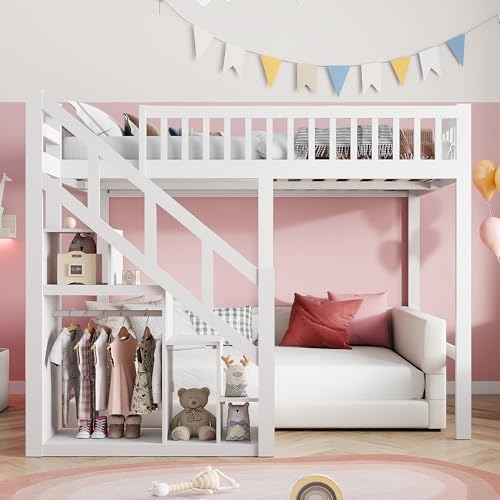 Etagenbett 90x200 mit Stauraum, Kinderbett mit Rausfallschutz Hochbett mit Treppe Stockbett Einzelbett Funktionsbett mit Schrank Kinderhochbett Jugendhochbett mit Lattenrost, ohne Matratze (Weiß)