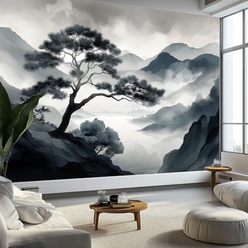 Carta da Parati Fotografica Minimalista Stile Cinese Alberi Montagne, 400 x 280 cm Fotomurali Tessuto Non Tessuto, Grigio Decorazione Murale Carta da Parati per Soggiorno Camera Da Letto Ufficio
