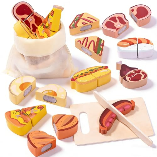 Barnkök tillbehör lekkök tillbehör trä frukt och grönsaker leksaker för skärning rollspel kökstillbehör barn trä med skärbräda och brödkniv leksak från 2 år (mat)