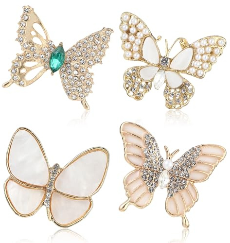 MBAIYO 4 Pack Butterfly Brooch Pin for Women, Gold Rhinestone Brooches and Pins Pearl Elegant Butterfly Brooches and Pins for Shawl Coat Dress Accessories