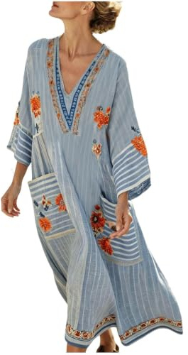 Générique Robe Longue Femme Été Bohème Chic et Ethnique, Kaftan de Plage avec Col V et Manches 3/4, Robe Maxi en Coton Lin avec Poche
