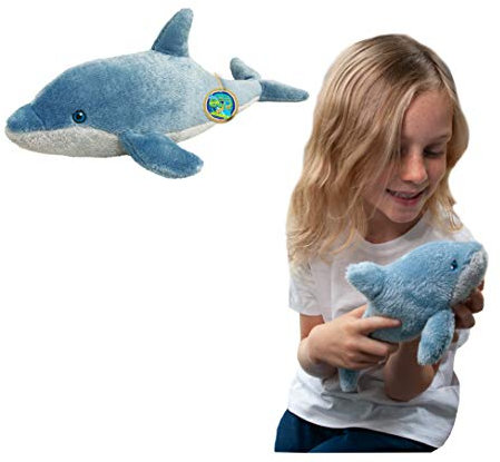 EcoBuddiez - Dauphin de Deluxebase. Petite Peluche Douce de 26cm Faite de Bouteilles en Plastique Recyclées. Cadeau Calin écolo pour Enfants et Animal Doux et Mignon pour Bambins.