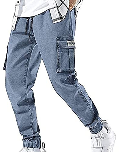 XYXIONGMAO Streetwear Hip Hop Cargo Joggers Pants for Men Denim Overalls Sports Harness Feet Harlan Casual Trousers - Blue - Medium