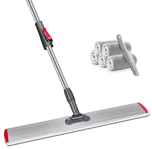 ZNM Balai Serpillère Professionnel, 60cm Grande Balai Serpillère en Microfibre avec 5 Tampons Lavables, Balais à Plat Aluminium avec Manche Télescopique en INOX, Balais pour Nettoyage de Sol (Rouge)
