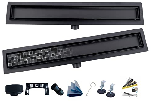 AQUA HEATING Caniveau de Douche Italienne avec Siphon Grille Sol de Douche Linéaire Acier Inoxydable Noir 80 cm