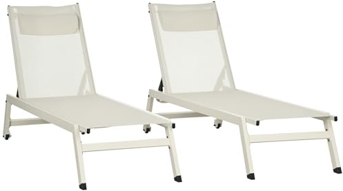 Outsunny Chaise Longue Lettino Prendisole in Alluminio e Poliestere, Set 2 Pezzi Beige da Giardino con 5 Livelli di Reclinazione, 55x195x30 cm