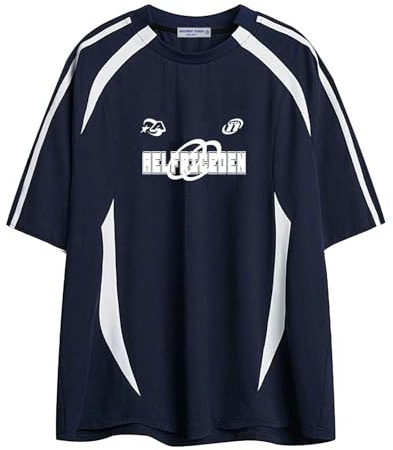 Aelfric Eden Herren Sommer Fußball Shirt Damen Oversized Rundhals Kurzarm Vintage Raglan Jersey Basic Tshirt mit Stripes Casual Oberteile Streetwear Blau, L