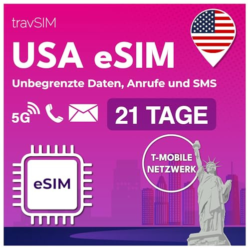 travSIM USA eSIM | T-Mobile Netz | Unbegrenzte Daten, Anrufe & Texte in den USA | e SIM Amerika funktioniert auf eSIM kompatiblen iOS & Android Geräten | e SIM Karte USA 21 Tage