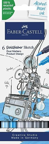Faber-Castell 164806 - Goldfaber Sketch Marker Design de produit, étui de 6 marqueurs à alcool avec pointe Brush et pointe Fineliner