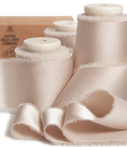 Vitalizart satinband ljus naken, presentband 3,8 cm x 13,7 m med träspole, handgjorda tygband för presentförpackningar, festliga dekorationer, gör-det-själv-hantverk, bröllopsbuketter