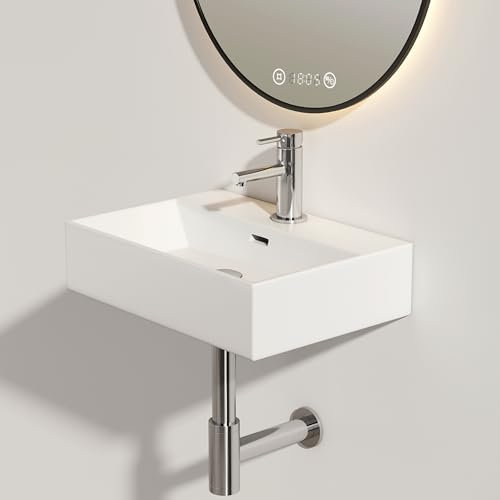 EMKE Waschbecken Aufsatzwaschbecken, Hängewaschbecken für Badezimmer Gäste WC 52 x 37 x 13 cm, Eckig Handwaschbecken Waschtisch Klein Waschbecken Bad Waschschale Wandwaschbecken Weiß