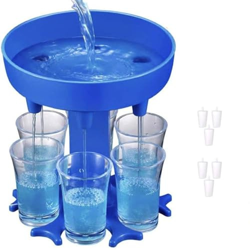 Dispensador de vasos de chupito, dispensador de chupitos de 6 vías con vasos para llenar líquidos, diversión para la universidad, camping, fiestas y regalo de inauguración de la casa (azul)