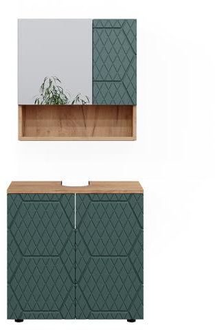 Vicco Badmöbel-Set Grün/Goldkraft Eiche Irma, bestehend aus Badspiegelschrank, Waschbeckenunterschrank - Versteckter Stauraum hinter eleganten Türen