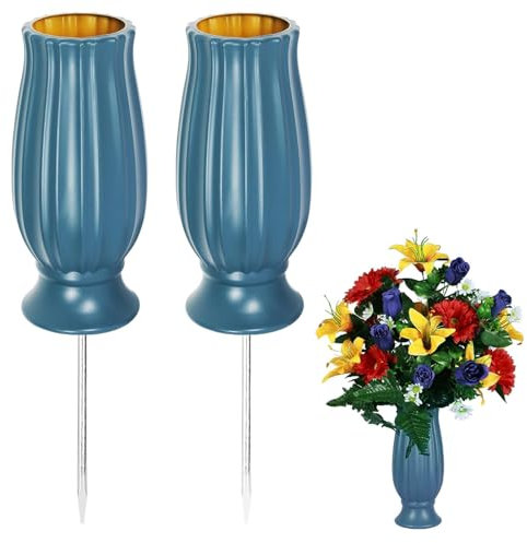 Jadin Vase Cimetiere, 2 Paquets de Vases Commémoratifs pour Tombes, Décoration de Tombe en Plastique avec 2 Pointes, Décoration de Tombe pour Pierre Tombale, Jardin, Bleu, 20 x 10 cm