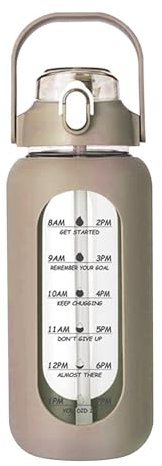 Trinkflasche aus Glas, 1000ml/32OZ Auslaufsichere Trinkflasche mit Strohhalm und Zeitmarkierungen,Trinkflasche Sport mit Griff für Fitness/Radfahren/Camping/Büro Wasserflasche -BPA frei (Braun)