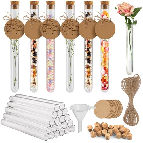 OFFCUP Lot de 20 Tubes à Essai, Tube à Essai avec Bouchon en Liège, Eprouvette Plastique Transparent avec 20 Étiquettes 1 Entonnoirs 10m Corde de Chanvre pour Plante Bonbons Epice Echantillon 16*150mm
