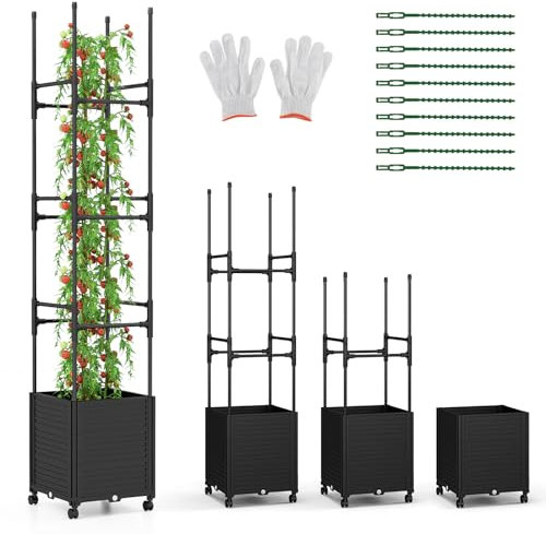 COSTWAY Rankhilfe mit Blumenkasten auf Rollen, Garten Obelisk, beschichtetes Metall & PP, verstellbar & höhenverstellbar, Rankgitter mit Pflanzkasten & Bewässerung, Kletterpflanzen Blumen, 42x42x219cm