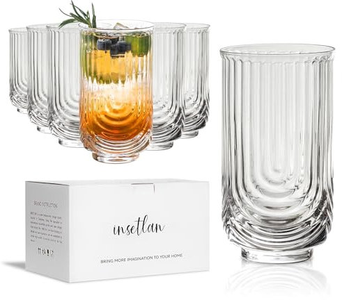 INSETLAN Art Deco Cocktailgläser Set | 415ml 6er Set Vintage Longdrinkgläser | Spülmaschinenfest | Ideal für Cocktails, Eiskaffee, Saft, Wasser, Latte | Zuhause, Bars, Cocktail Partys