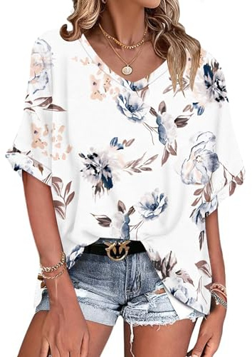 WNEEDU Oversize t-shirt damer sommar v-ringad topp damer kortärmade toppar sommar blus skjorta lös lätt och luftig